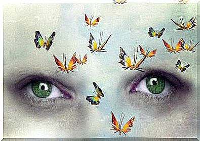 Eyes looking at butterflies to free the mind