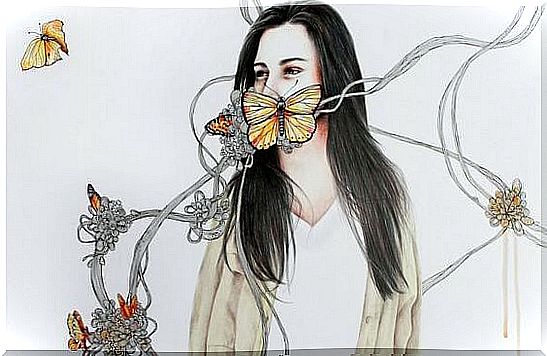 woman with butterfly in her mouth hiding her depression