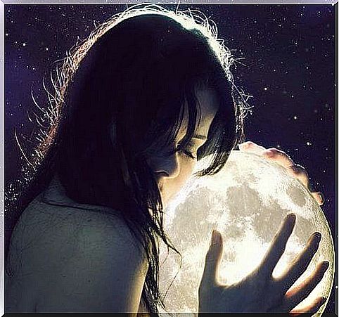 Woman with hands on the moon